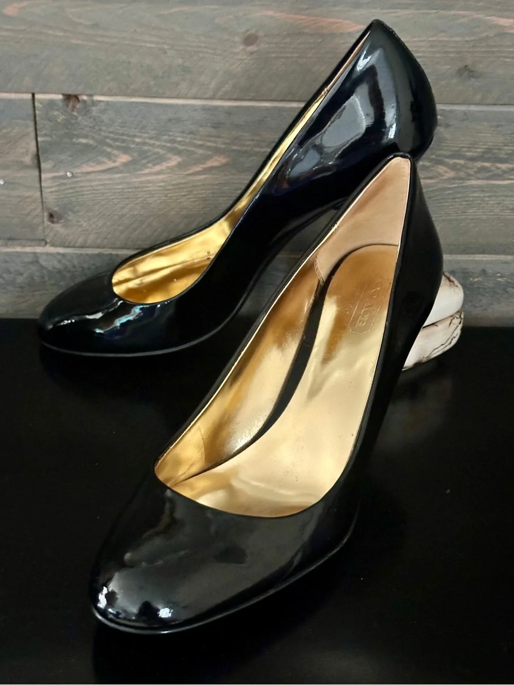 Coach Black Patent Leather High-Heel Pumps with Gold Insole • Size 7.5 • EUC